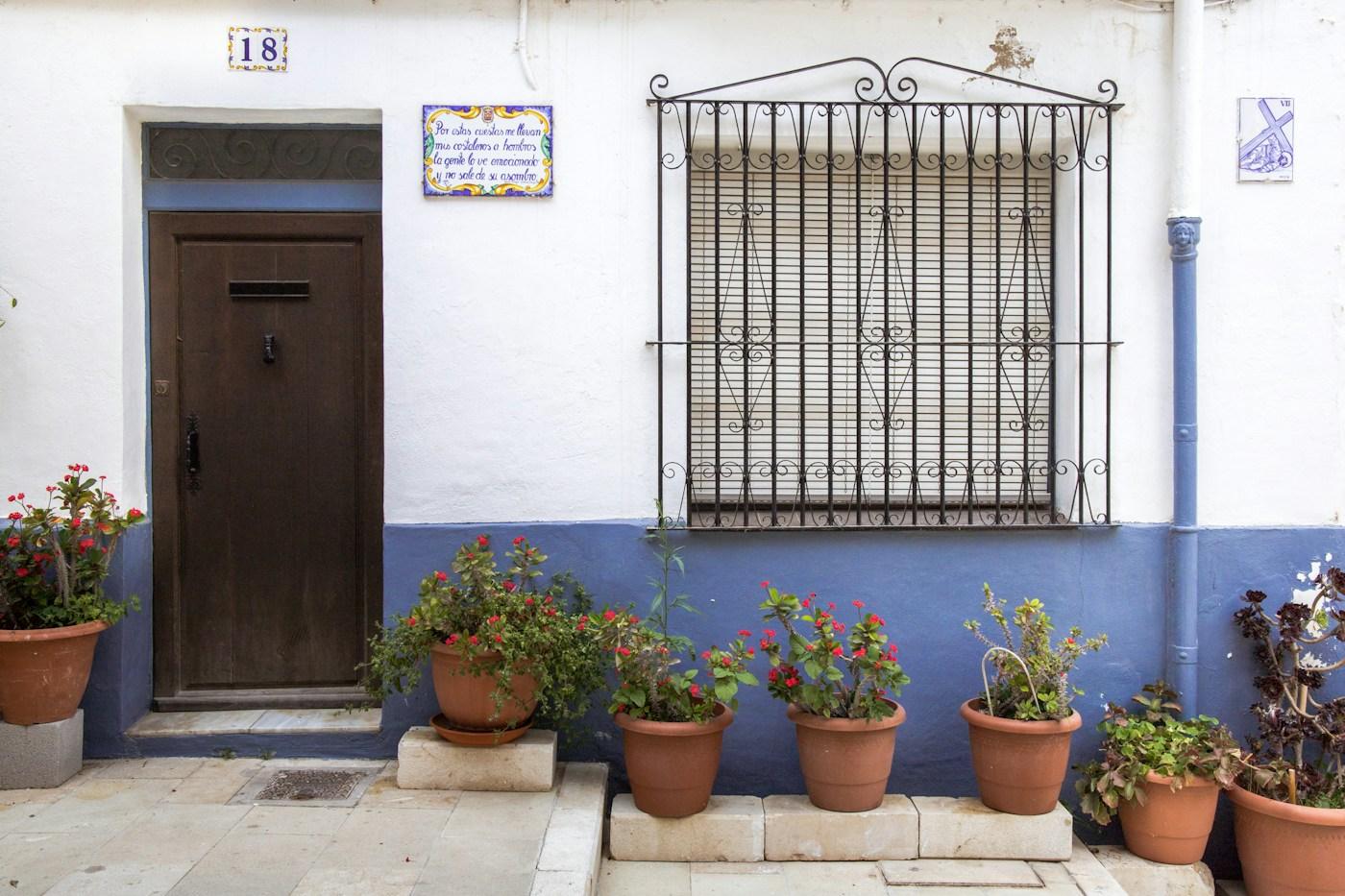 The front door of a whitewashed house in Alicante, with potted geraniums